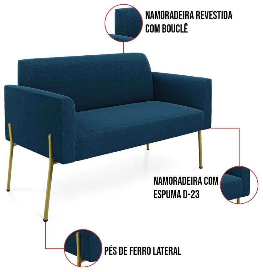 Sofá 2 Lugares Namoradeira Pé Ferro Dourado Marisa Bouclê D03 - D'Rossi - Azul