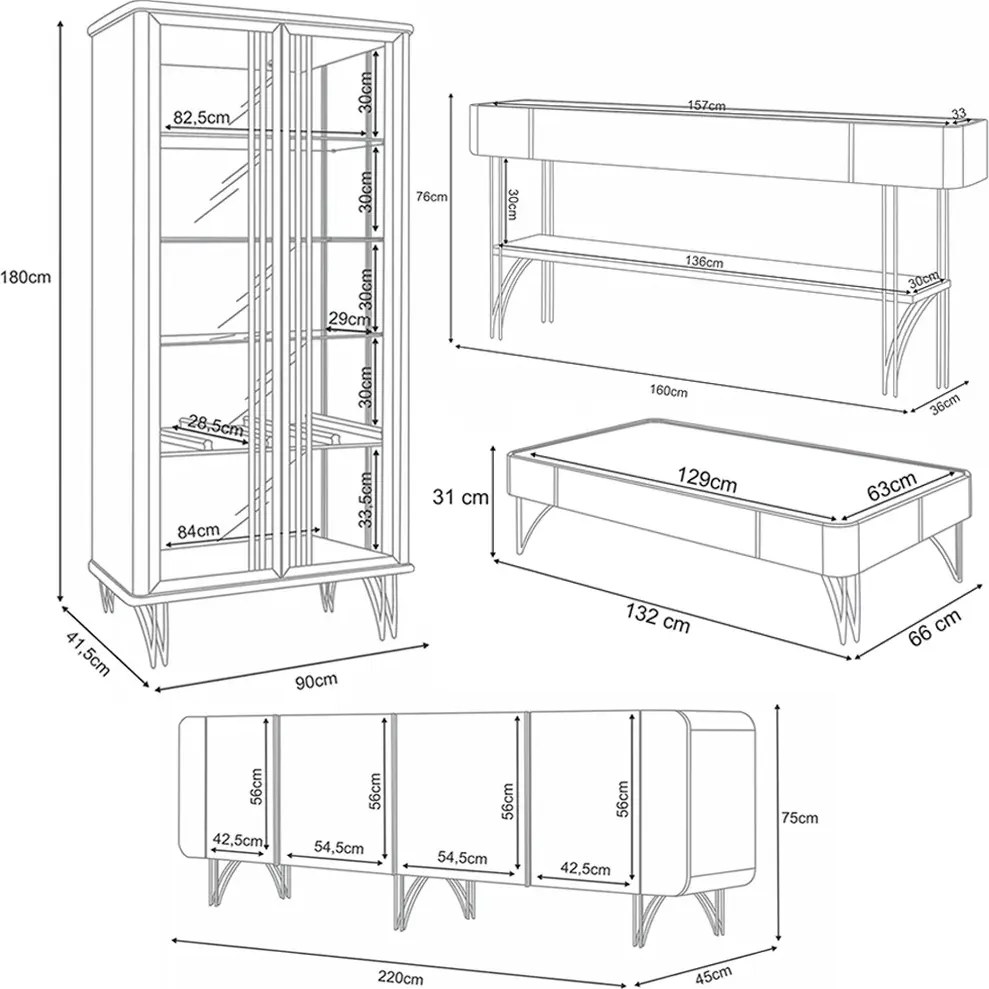 Conjunto 1 Cristaleira 1 Buffet 1 Mesa de Centro 1 Aparador Texas/Virginia/Rennes Off White/Champagne G26 - Gran Belo