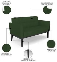 Sofá Namoradeira Base Madeira Preto Ana Veludo Luxo Verde - Ibiza