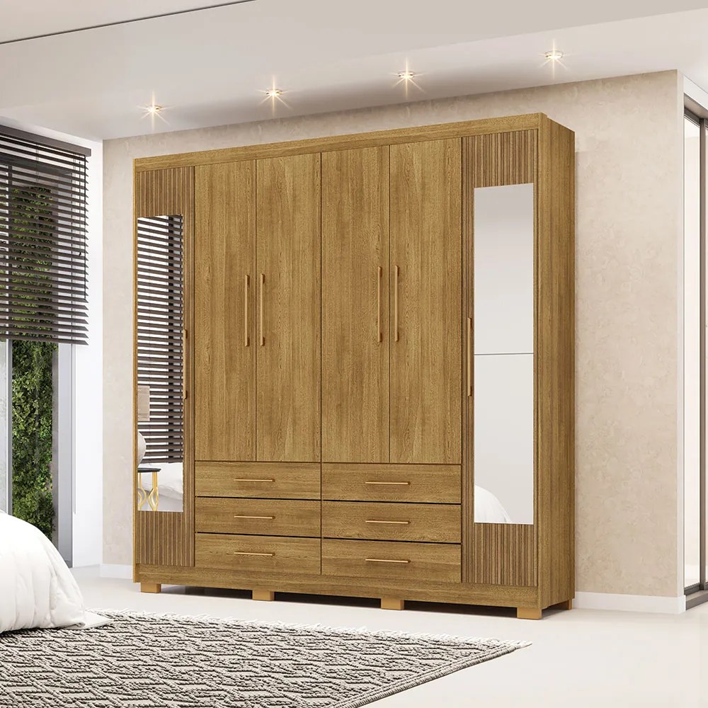 Guarda Roupa Dunas Casal 6 Portas de Bater 2 Com Espelhos 6 Gavetas MDF Nature G98 - Gran Belo