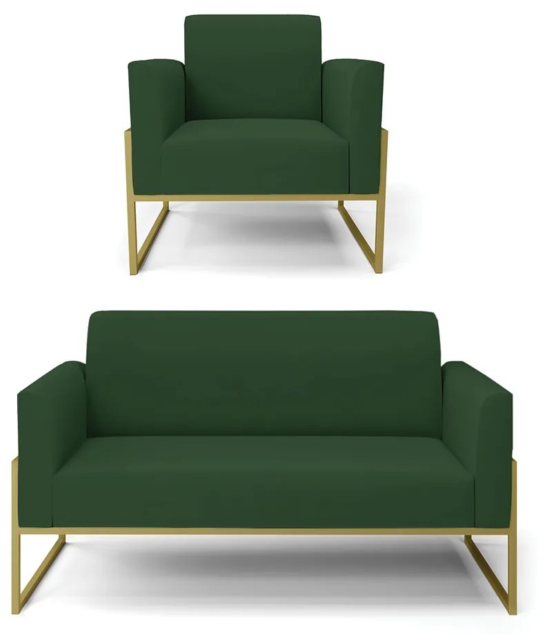Sofá Namoradeira com Poltrona Base Industrial Alta Dourado Marisa Veludo D03 - DRossi - Verde