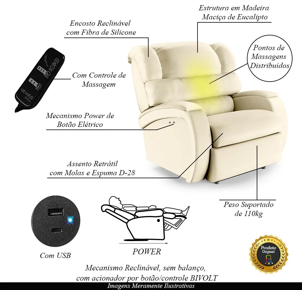 Poltrona do Papai Sala de Cinema Reclinável Kylie Power Touch Massagem USB PU Bege G23