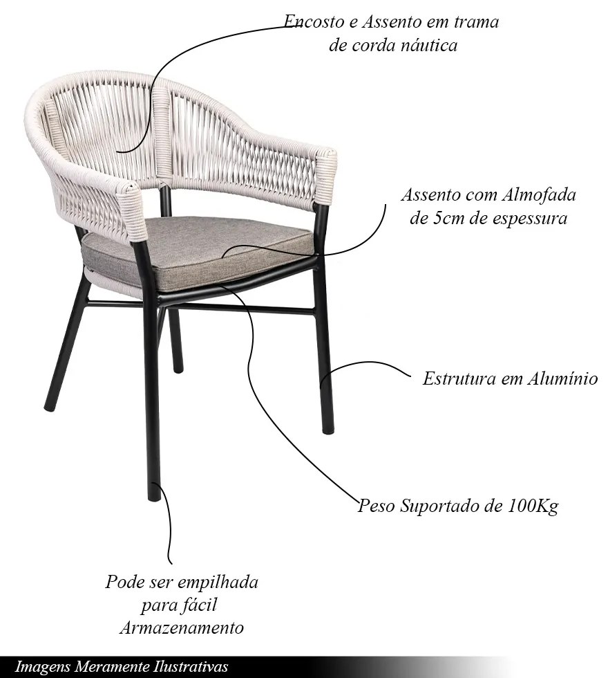 Kit 3 Cadeiras Área Externa de Alumínio Bear com Corda Naútica Preto/Amêndoa G56 - Gran Belo