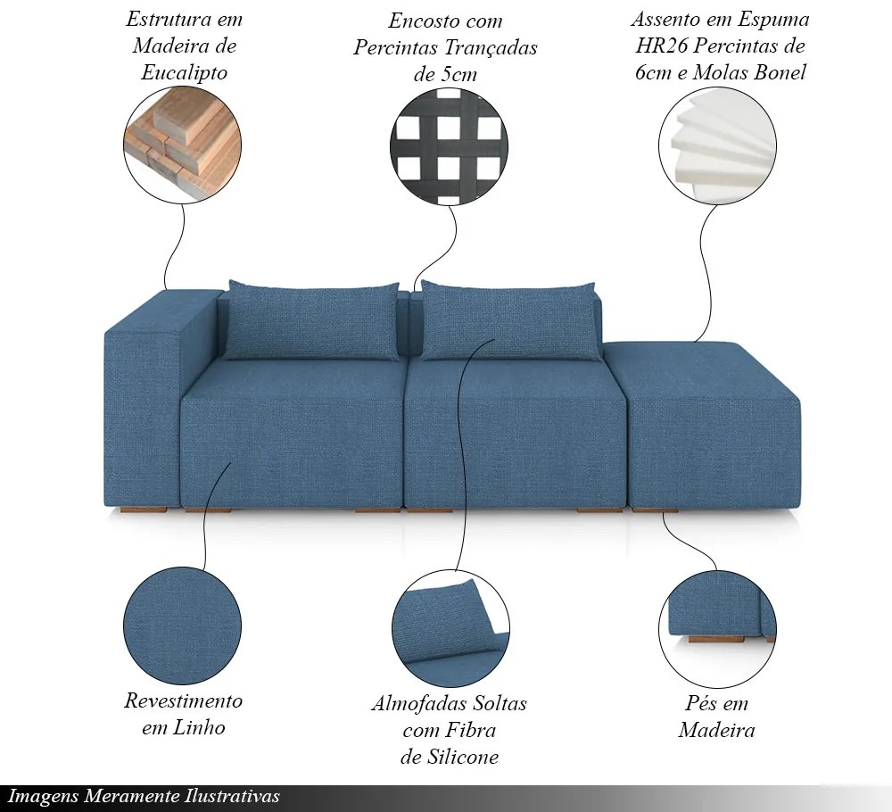 Sofá Versátil Sala de Estar Atlanta 338cm Modulado Linho Azul G52 - Gran Belo