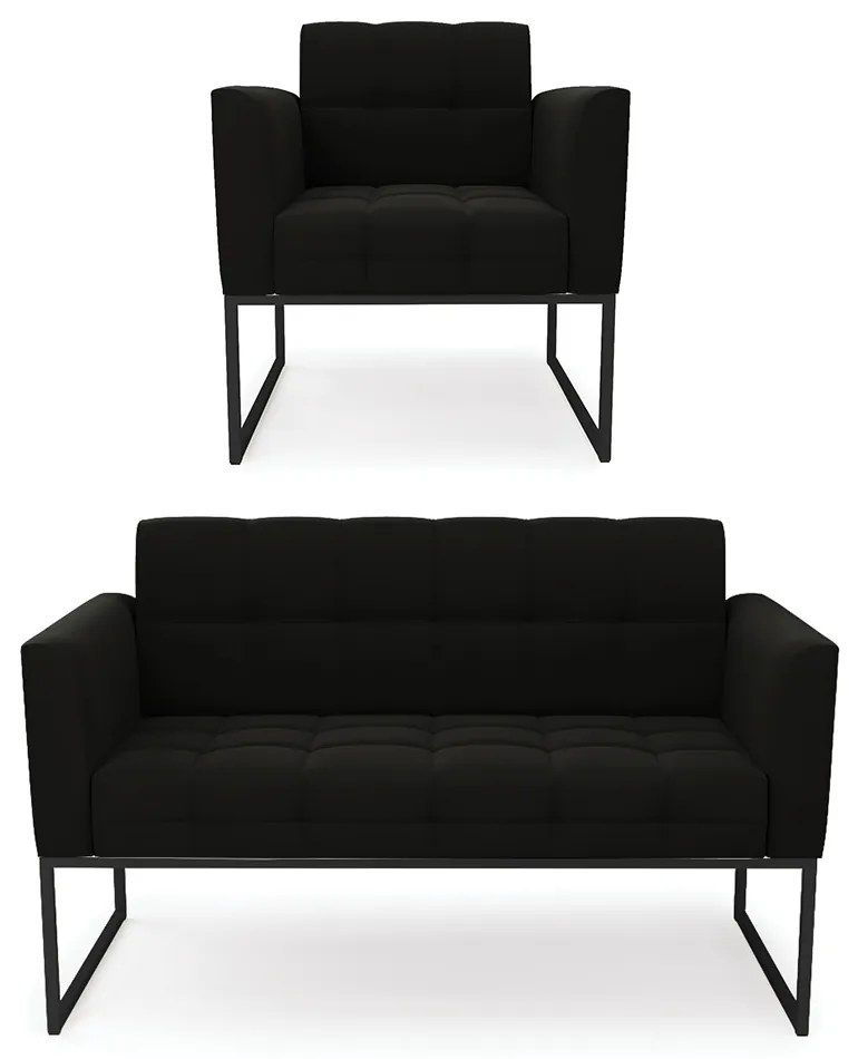 Kit 1 Sofá Namoradeira e 1 Poltrona Elisa Suede Base Metálica Industrial Preto - D'Rossi - Preto
