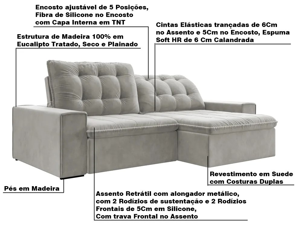 Sofá Retrátil 234 cm Sala de Estar Gabi Suede Cinza G52 - Gran Belo