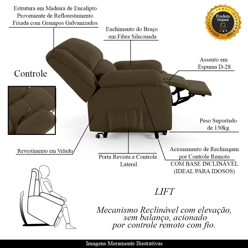 Poltrona do Papai Reclinável Sala de Cinema Madrid Elevação Lift Elétrico Veludo Capuccino G23