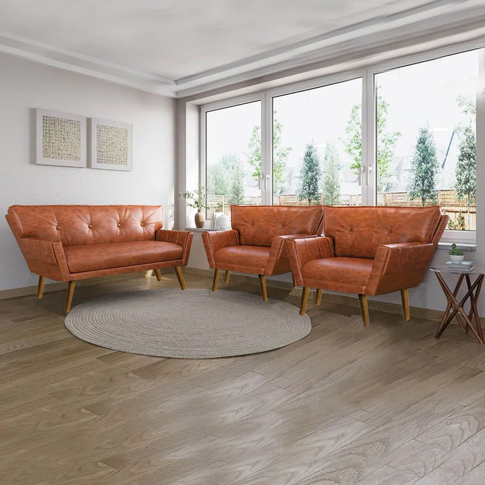 Sofá Namoradeira e 2 Poltronas Pé de Madeira Anitta Sintético PU Nozes D03 - D'Rossi