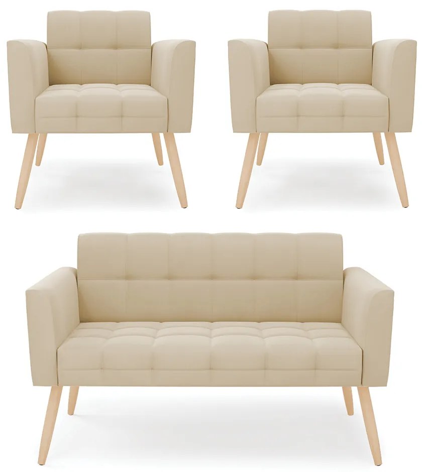 Kit 1 Sofá Namoradeira e 2 Poltronas Elisa Suede Bege Pés Palito Natural - D'Rossi