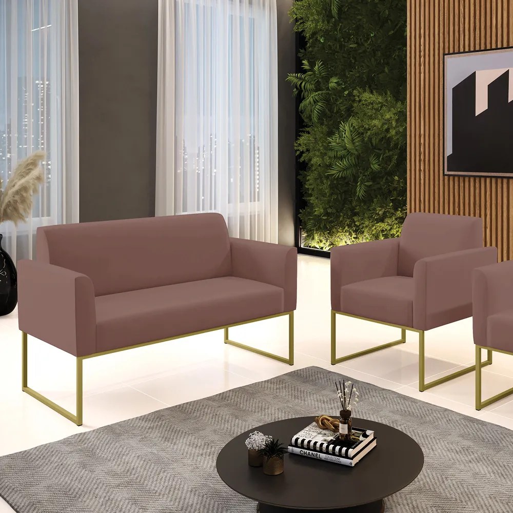 Sofá Namoradeira com Poltrona Base Industrial Dourado Marisa Veludo D03 - D'Rossi - Rose