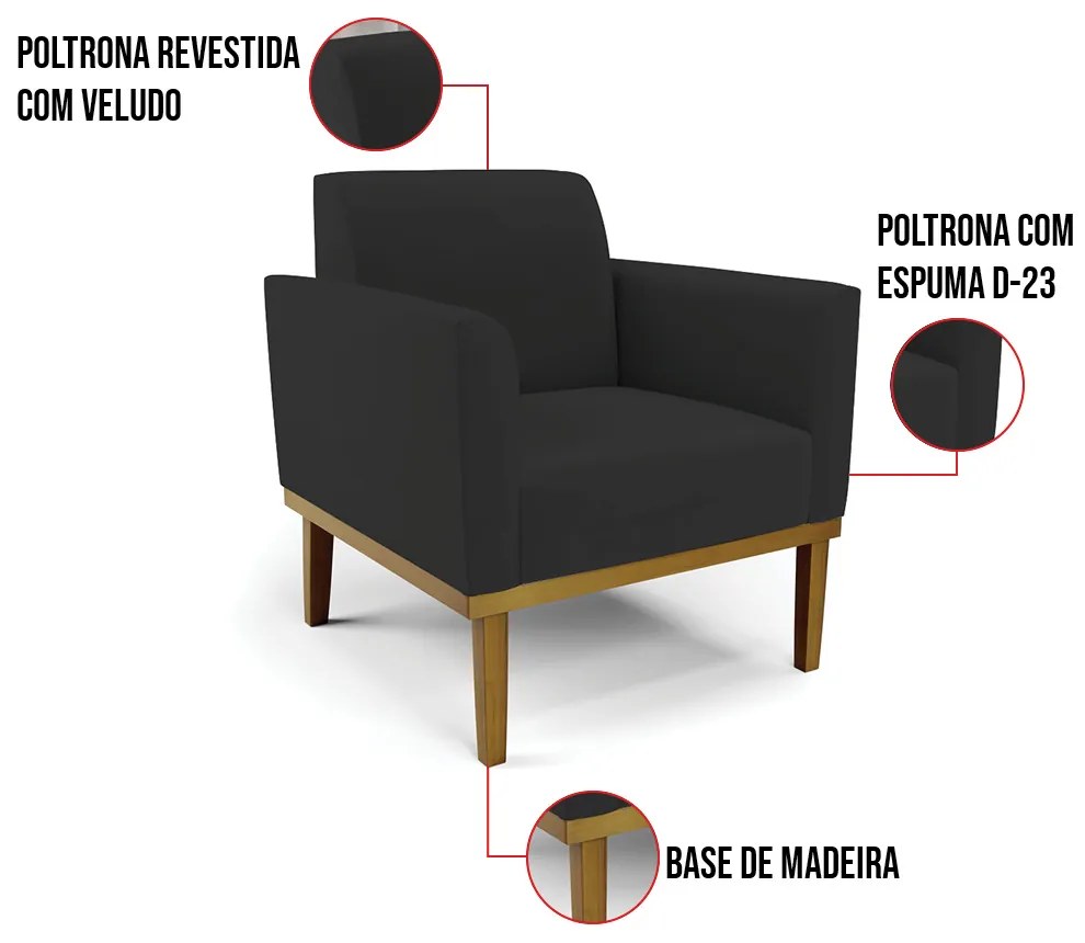 Poltrona Base de Madeira Fixa Castanho Marisa Veludo - Preto