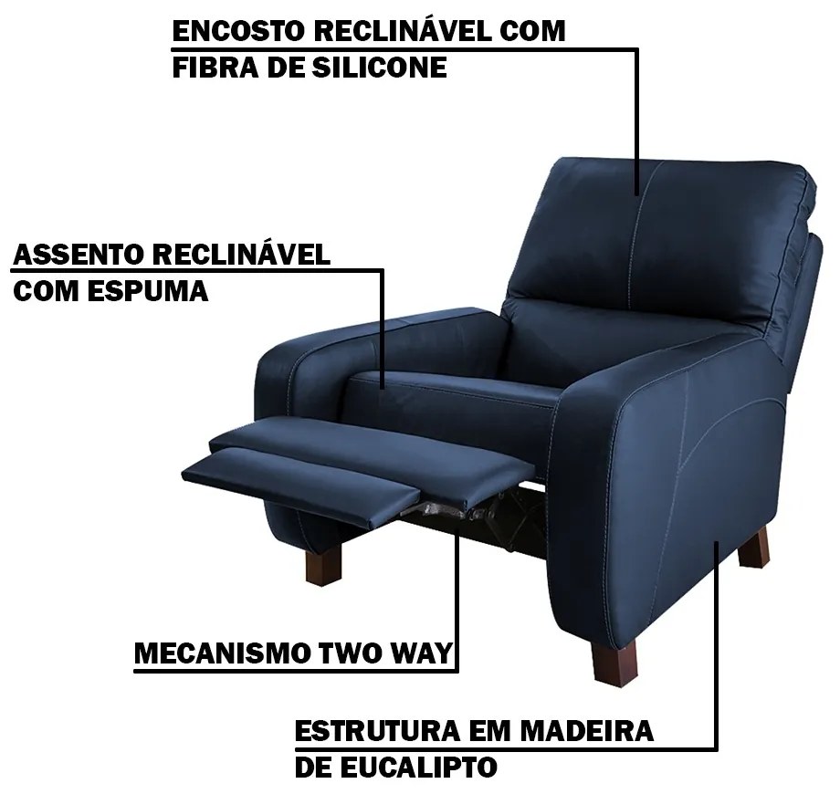 Poltrona do Papai Reclinável Manual Viena Two Way Couro Azul G40 - Gran Belo