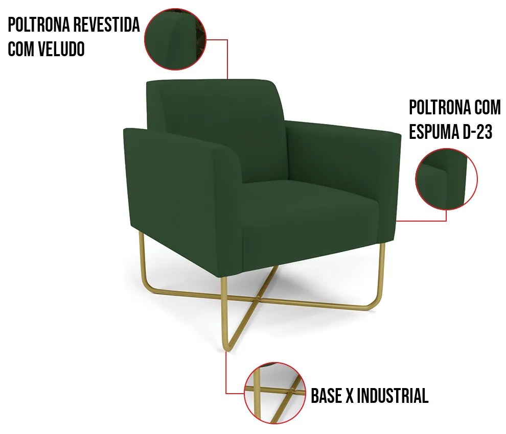 Kit 2 Poltronas Base X Industrial Dourado Marisa Veludo  D03 - D'Rossi - Verde