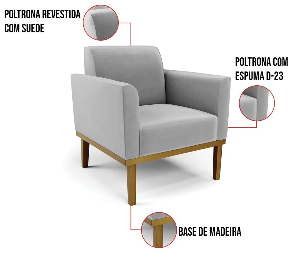 Kit 2 Poltronas Base de Madeira Fixa Castanho Marisa Suede D03 - D'Rossi - Cinza