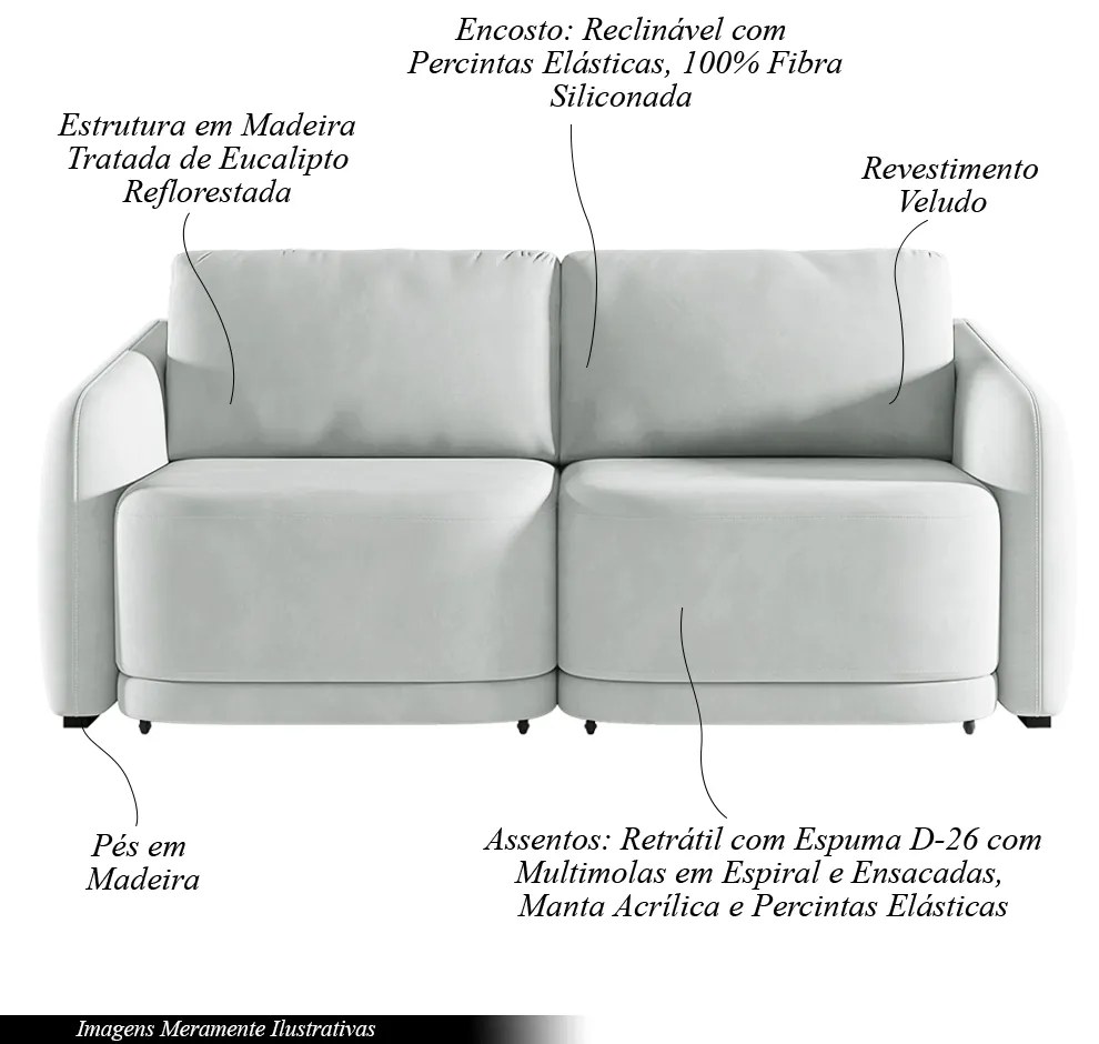 Sofá Cama Modulado Retrátil e Reclinável Decorativo Varsóvia 236cm Veludo Cinza G33 - Gran Belo