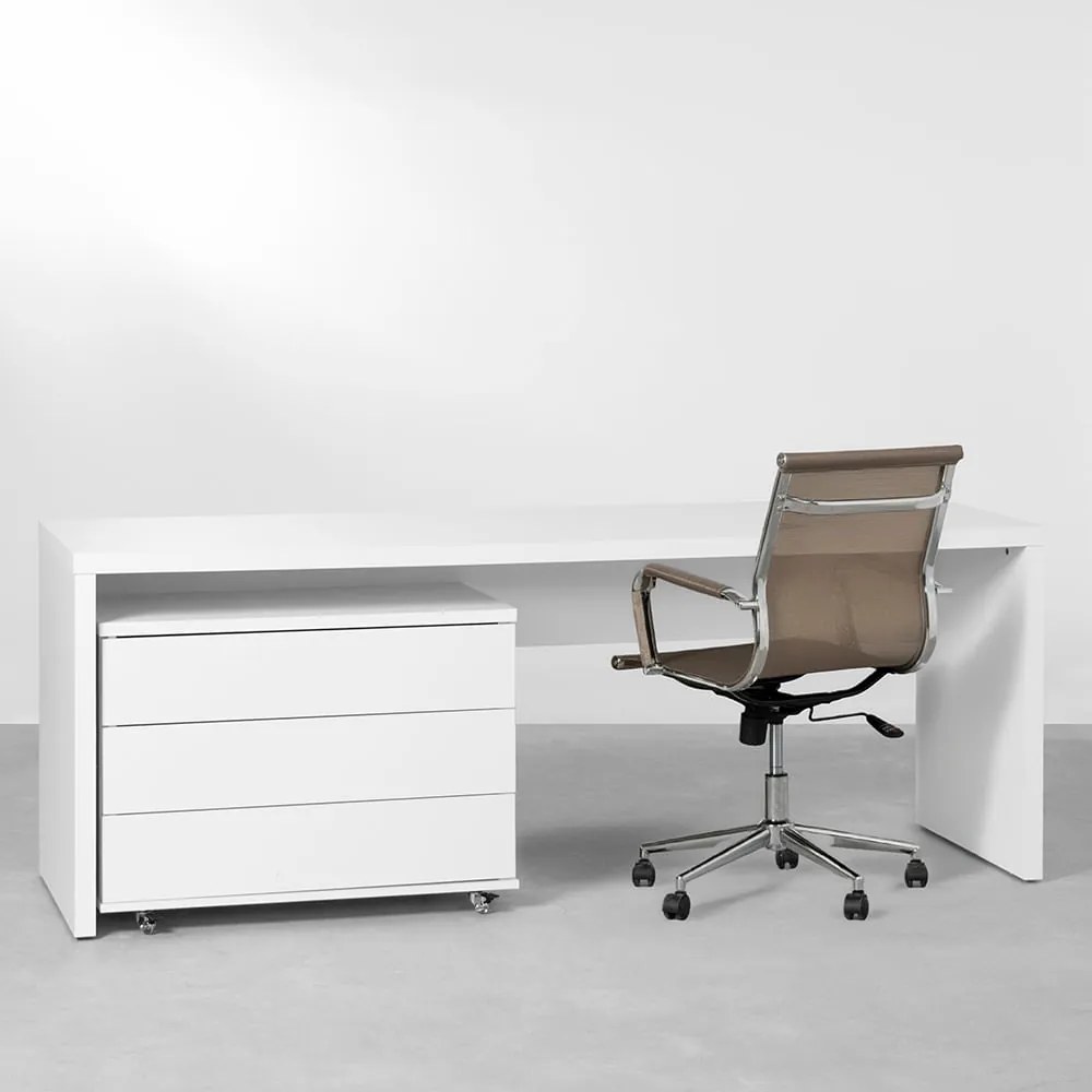 Conjunto Office - Bancada Contemporânea Branco - 1,80m + Módulo Contemporâneo 3 gavetas Branco - 85cm