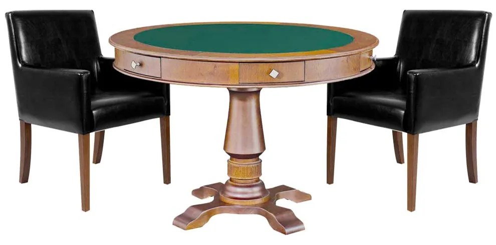 Mesa de Jogos Carteado Victoria Redonda Tampo Reversível Amêndoa com Kit 2 Cadeiras Liverpool Corino Preto Liso G36 G15 - Gran Belo