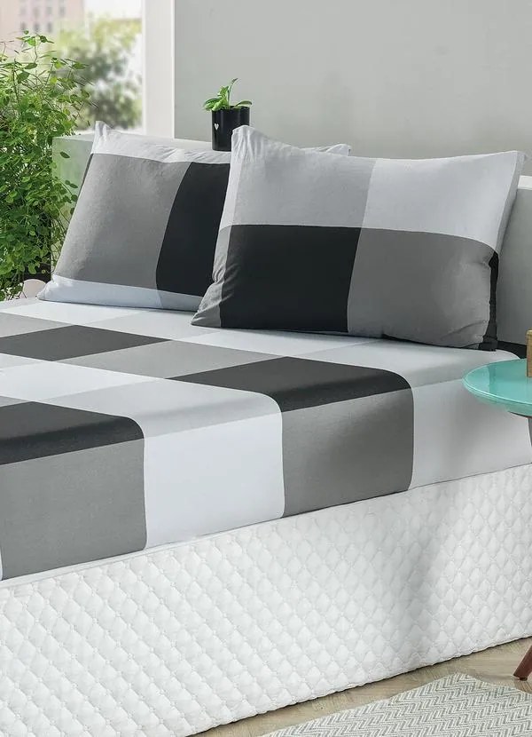 Jogo de Cama Malha Xadrez Cinza Queen 3 Peças