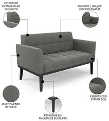 Sofá Namoradeira e 1 Poltrona Base Madeira Preto Ana Suede Grafite - I
