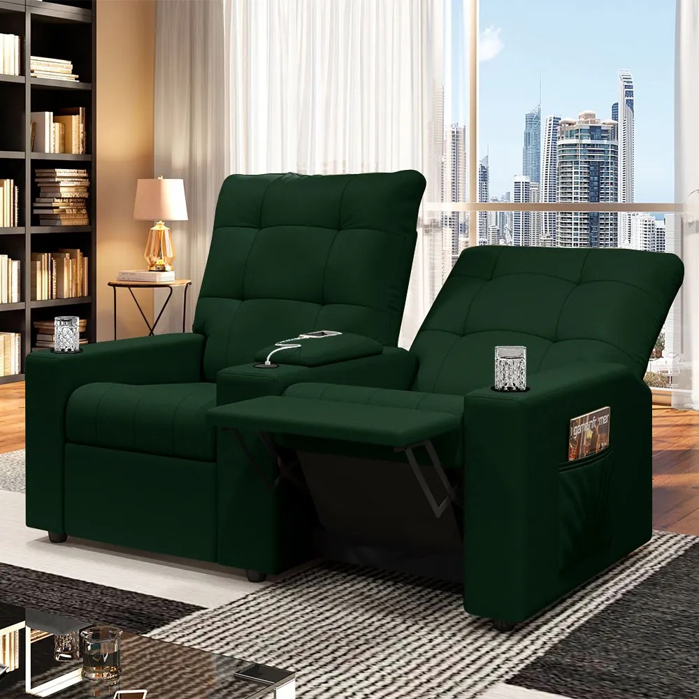 Poltrona do Papai Reclinável Sala de Cinema Movie 2 Lugares Manual Baú USB Veludo Verde Esmeralda G23