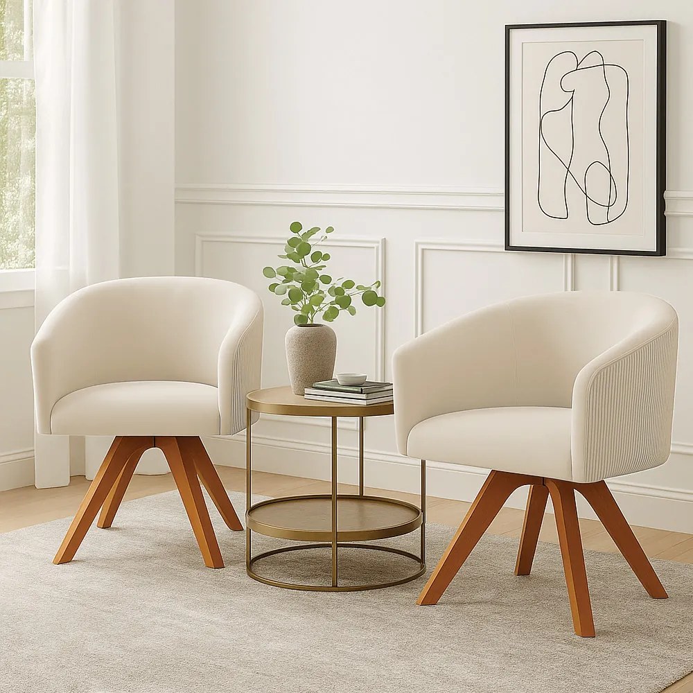 Poltrona Sala Base Giratória Madeira Kit 2 Arielle Veludo Cotelê D03 - D'Rossi - Bege