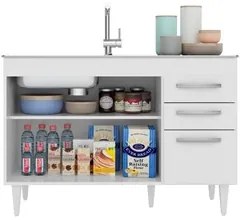 Balcão Gabinete Suécia com Pia Inox 120cm 3 Portas Branco/Castanho - L