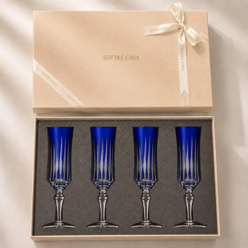 Kit 4 Taças de Cristal Flauta Lapidado 66 p/ Champanhe c/ Caixa de Presente - Azul Escuro Azul Escuro