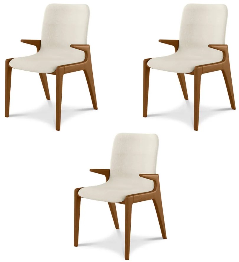 Kit 3 Cadeiras Decorativas Sala de Jantar Madeira Maciça com Braço Pigeon Linho Bege/Mel G13 - Gran Belo