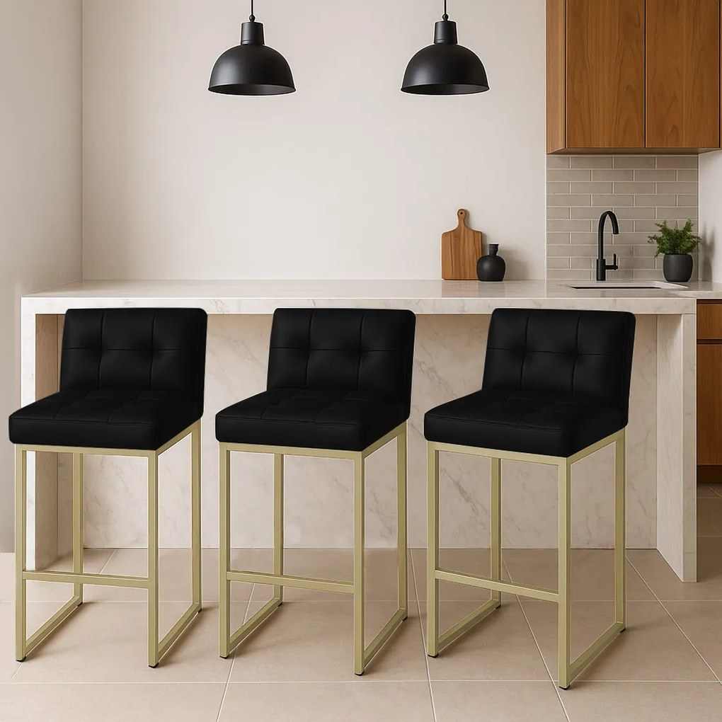 Banqueta Cozinha Alta com Encosto Industrial Kit 3 Champanhe Lirina PU Preto C05 - D'Rossi