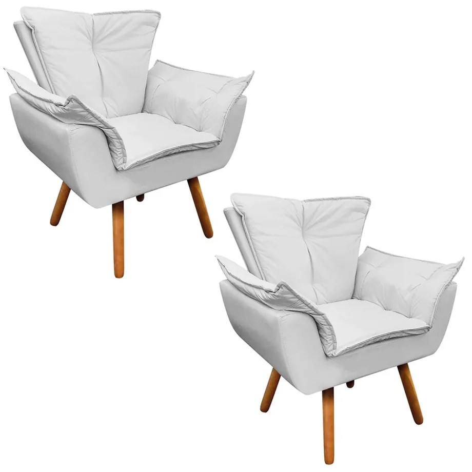 Poltrona Sala de Estar Pé Palito de Madeira Kit 2 Opala Corino - Branco