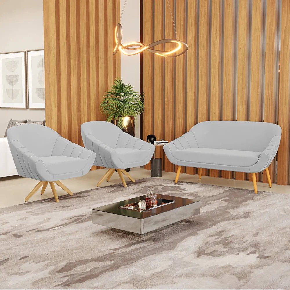 Kit 01 Namoradeira 02 Lugares e 02 Poltronas Giratória Giovana Suede Base Madeira MA30 - DRossi - Cinza
