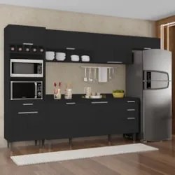 Armário de Cozinha Com Tampo CP04 310cm Pérola Preto Z34      - Mpozen