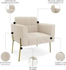 Poltrona Para Sala Pé Metal Dourado Kit 2 Ana Bouclé Bege - Ibiza