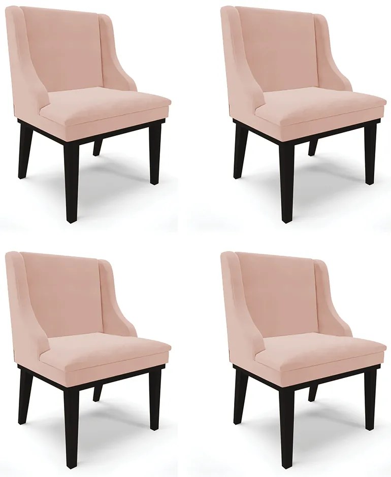 Kit 04 Cadeiras de Jantar Liz Veludo Rosê Base Fixa Madeira Preto D03 - D'Rossi