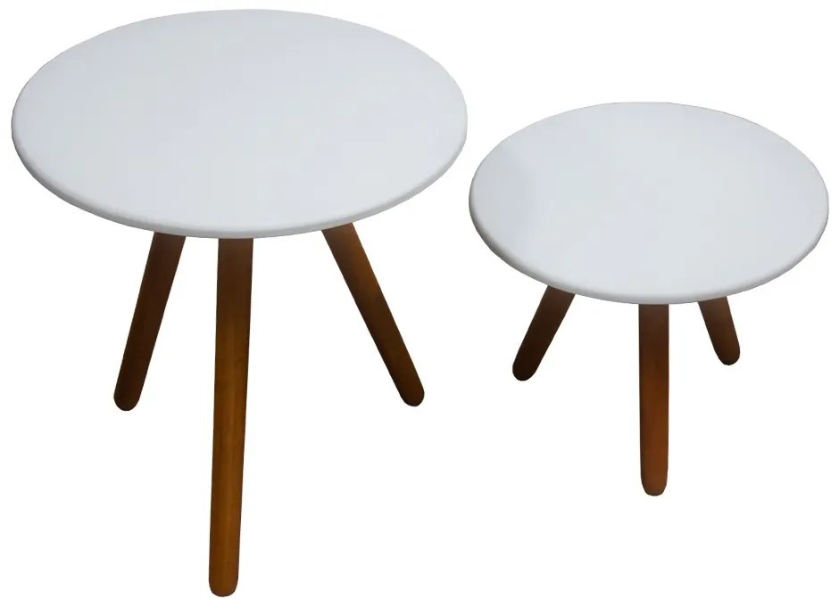 Mesa De Centro + Mesa Lateral Redondo Sala Madeira Branco