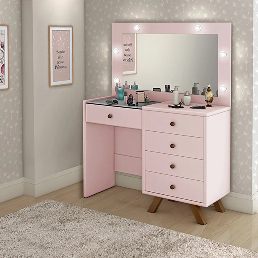 Penteadeira Decorativa 4 Gavetas e Porta Jóias com Tampo de Vidro Diana Rose G37 - Gran Belo