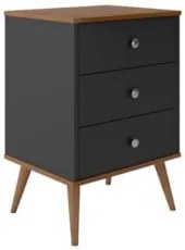 Mesa Cabeceira 35cm 3 Gavetas Pés Palito Thames Preto/Freijó E05 - Mpo