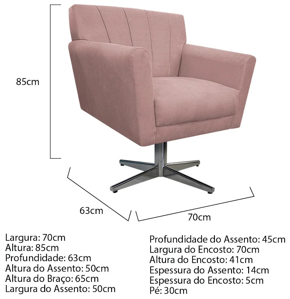 Poltrona Laura Base Giratória de Metal Suede Rosê - ADJ Decor