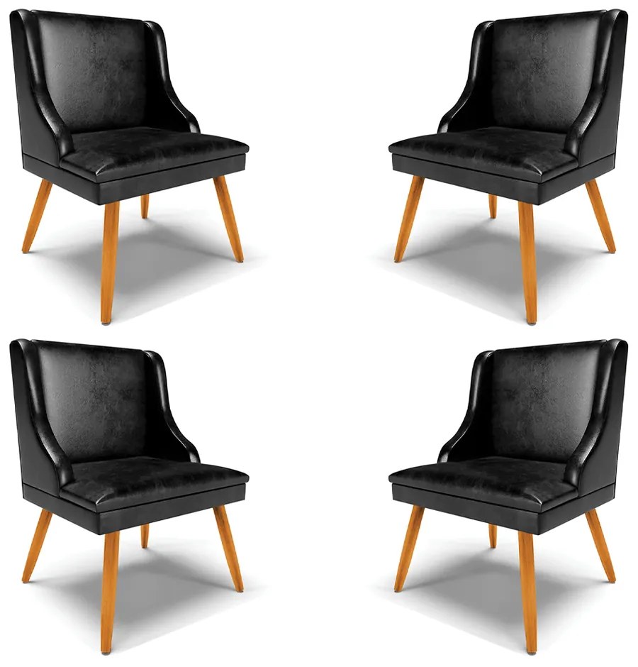 Kit 4 Cadeiras Decorativas Sala de Jantar Pés Palito de Madeira Firenze PU Preto Brilho/Natural G19 - Gran Belo