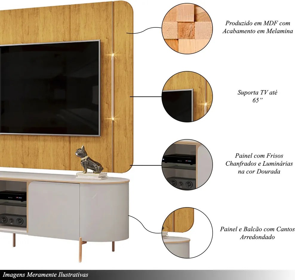 Painel e Bancada TV 65" 2 Portas Deep Luminárias Douradas Pés Metálicos Bali/Cedro G18 - Gran Belo