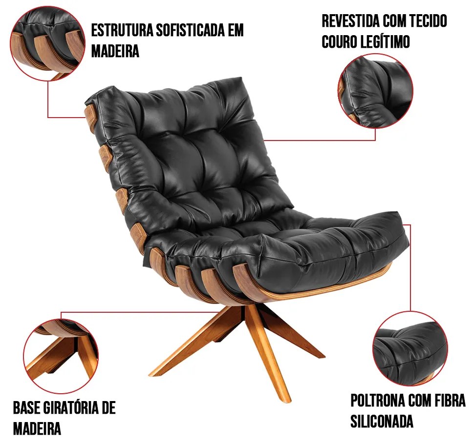 Poltrona Giratória Costela Couro Legítimo Preto Base Madeira MA25 - D'Rossi