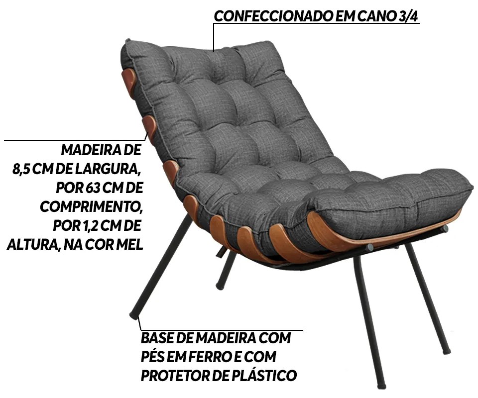 Poltrona Decorativa Sala de Estar Abel Base de Madeira Preto Linho Grafite G41 - Gran Belo
