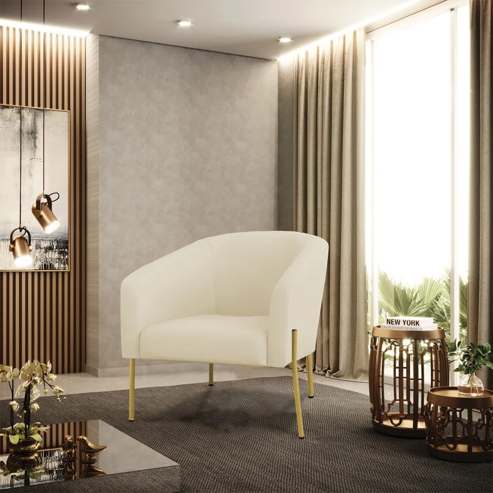 Poltrona Decorativa Pé de Ferro Dourado Stella Cotelê Ext/Veludo D03 - D'Rossi - Off White