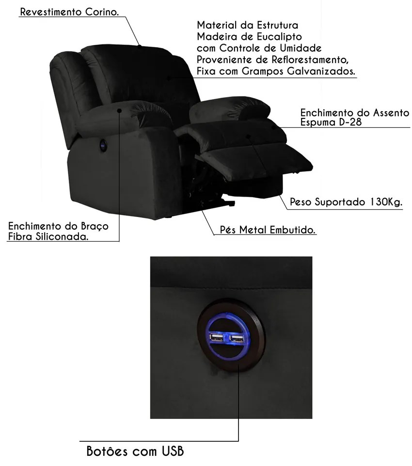 Poltrona do Papai Reclinável Elétrica com Entrada USB Magnum Veludo Marrom G23 - Gran Belo