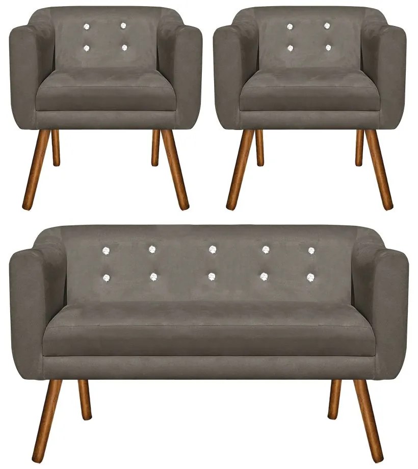 Kit 01 Namoradeira 02 Lugares e 02 Poltronas Julia Suede Marrom Rato com Strass Pés Palito D'Rossi
