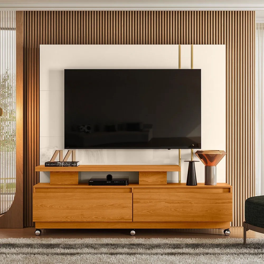 Estante de TV 75 Pol 183cm com Rodízio Sala Belora M20 - D'Rossi - Cinamomo e Off White