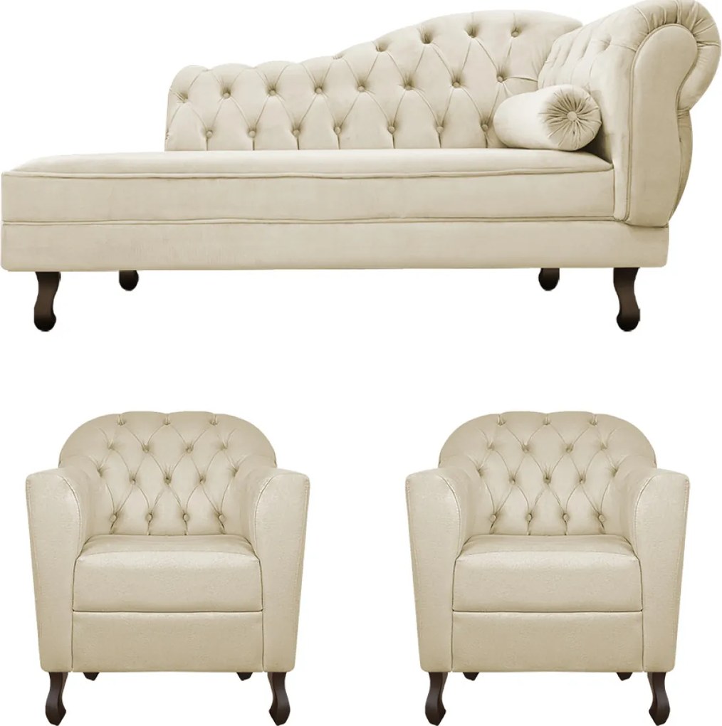 Kit Diva Recamier Diana 140cm Lado Esquerdo e 02 Poltronas Julia Suede - ADJ Decor