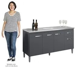 Balcão Gabinete Com Pia Inox 150cm 4 Portas e 1 Gaveta Gabriela Cinza