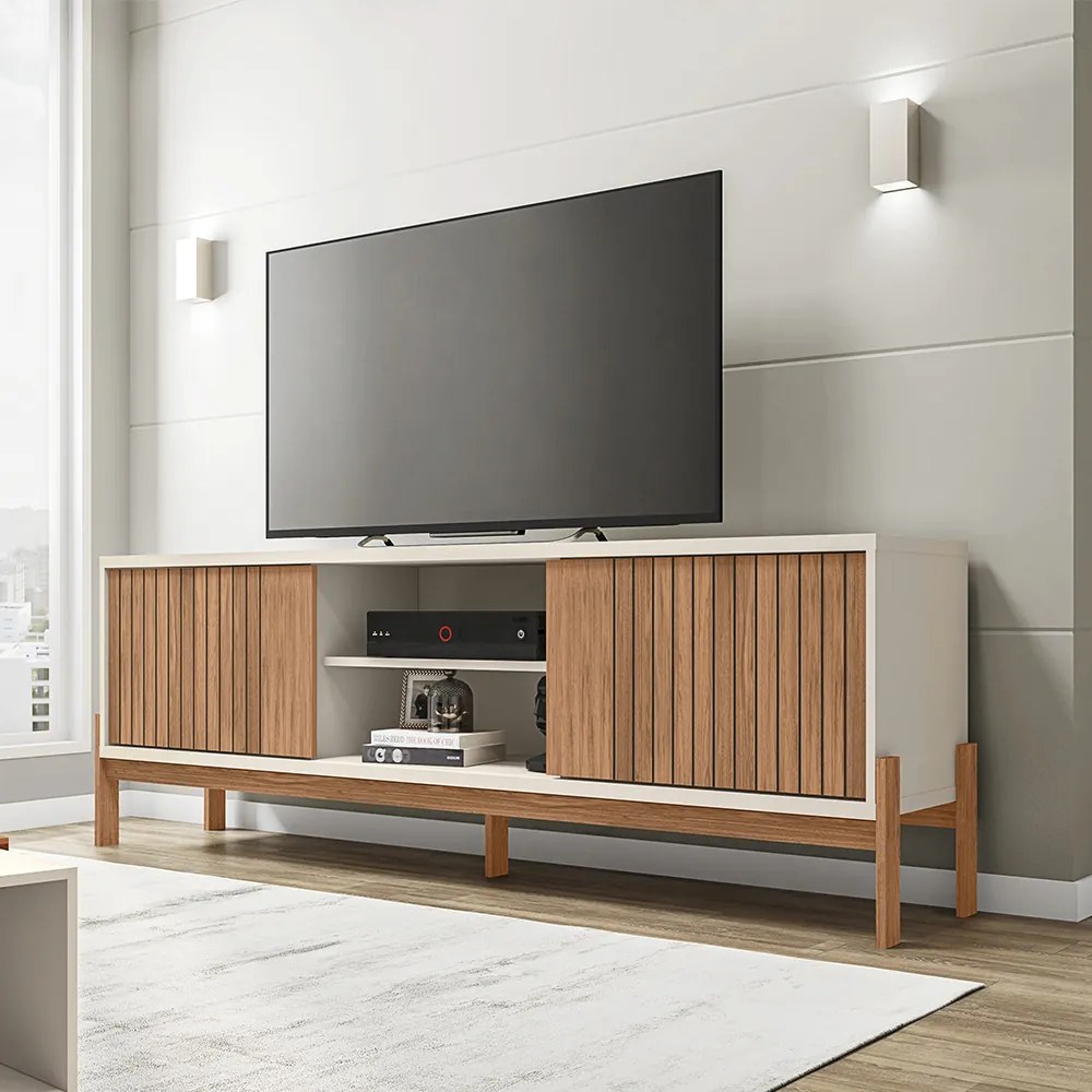 Rack TV 72 Pol 180cm Bancada Ripado para Sala Kellem C01 - D'Rossi - Freijó/Off White