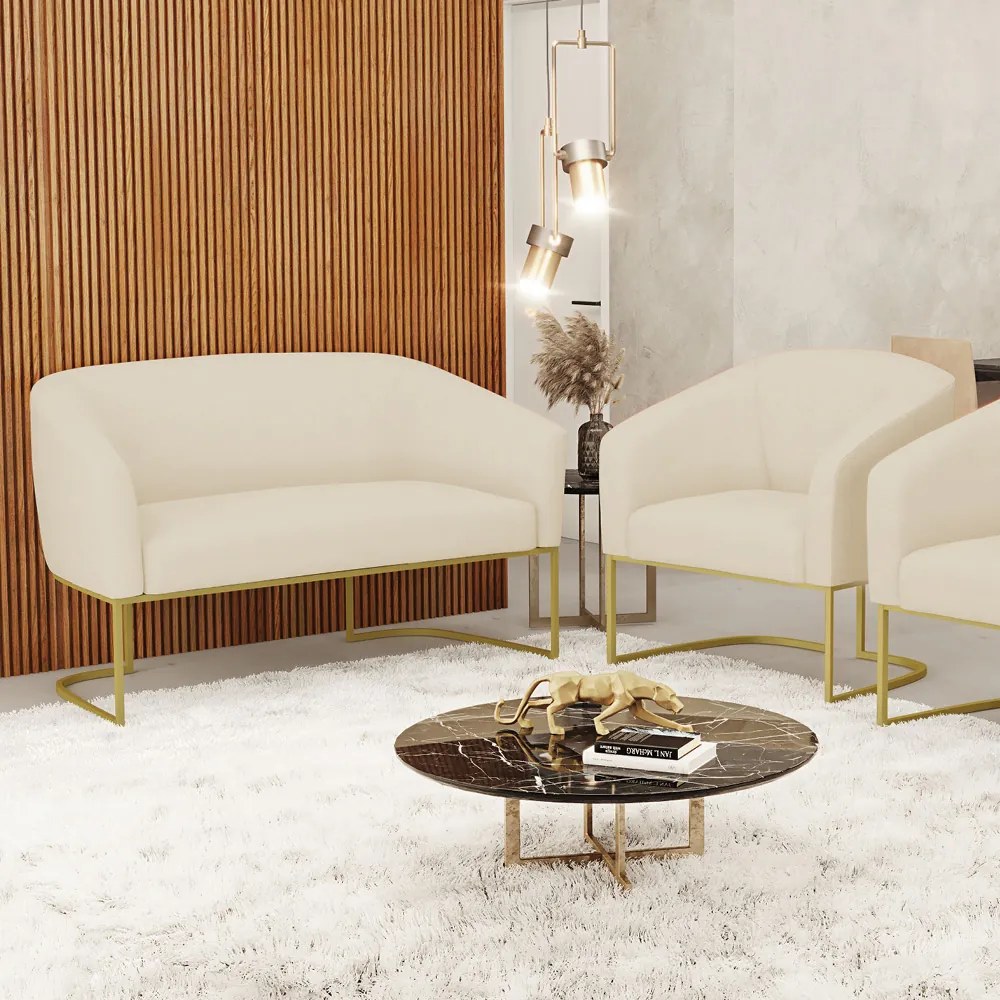 Sofá Namoradeira e Poltrona Base Industrial Dourado Stella Linho D03 - D'Rossi - A19 Bege